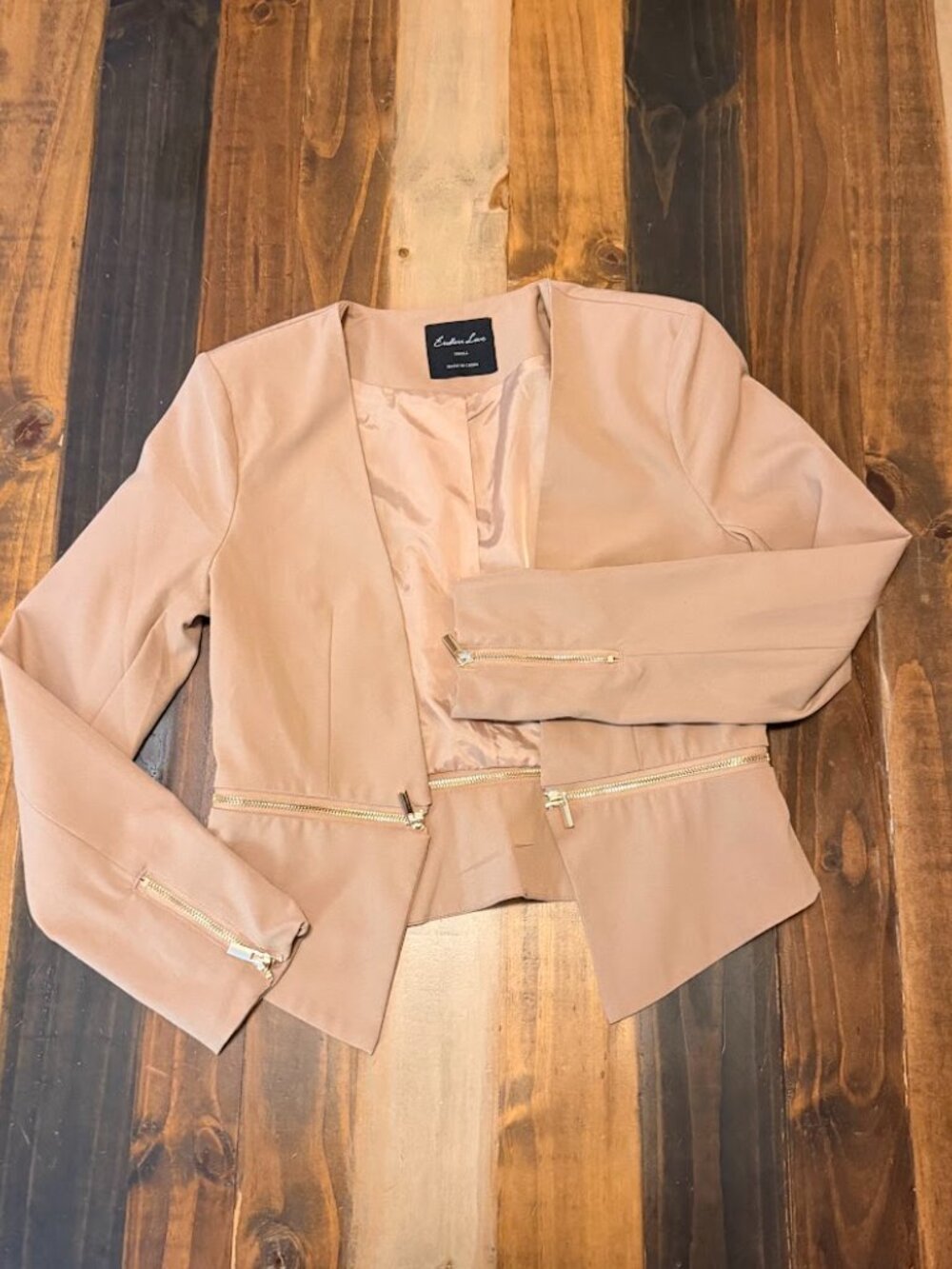 Endless Love Blush Faux Leather Moto Jacket Small Gold Zip Peplum